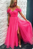 A Line Off the Shoulder Hot Pink Tulle Prom Dress with Split Long Formal Dress P1398