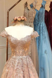 Charming Off the Shoulder Lace Appliques Gold Prom Dresses, Long Party Dresses P1336