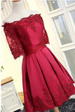 A Line Short Sleeves Satin Lace Appliques Lace up Scoop Short Prom Dresses Homecoming Dresses PH752
