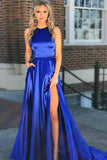 Elegant A-Line Round Neck Royal Blue Satin Open Back Prom Dresses uk with Split Pockets PW11