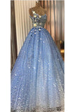 A Line Blue Spaghetti Straps Sweetheart Long Prom Dress Evening Dress P1303