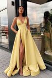 Simple A Line Yellow Spaghetti Straps Satin Prom Dresses with Slit, Party Dresss P1369