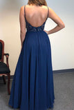 A Line Spaghetti Straps Chiffon Royal Blue Beaded Prom Dress with Slit P1214