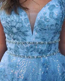 Elegant A Line Lace Appliques Blue V-Neck Prom Dress Long Evening Dress P1478