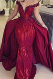 Mermaid Off the Shoulder Burgundy Long Sleeves V Neck Prom Dresses with Detachable Train P1327