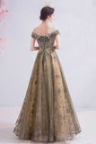 Elegant Round Neck Sequins Tulle Appliques Prom Dress with Short Sleeves Dance Dress P1377