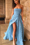 Sexy A line See Through Strapless Slit Backless Blue Prom Dresses with Appliques P1443