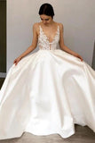 Simple A-Line Deep V Neck Satin Ivory Wedding Dress with Lace Appliques W1197
