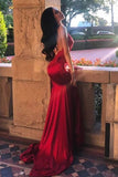 Chic Red Spaghetti Straps Mermaid V Neck Prom Dress with Appliques Formal Dress P1418