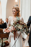 Long Sleeve V-Neck Chiffon Wedding Dresses Lace V Back Beach Bridal Dresses W1193