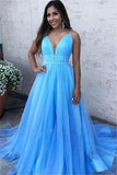 A Line Sky Blue Spaghetti Straps V Neck Tulle Prom Dresses, Cheap Evening Dresses P1422