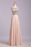 A Line Blush Pink Cap Sleeve Chiffon Beads Round Neck Open Back Long Prom Dresses uk PW174