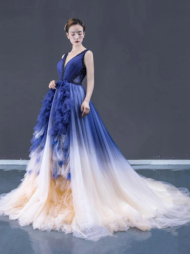 Royal Blue Ombre V-Neck Tulle Long Prom Dress Ball Gown