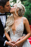 Elegant A Line Illusion Beads V-Neck Tulle Long Backless Wedding Dresses Prom Dresses W1217