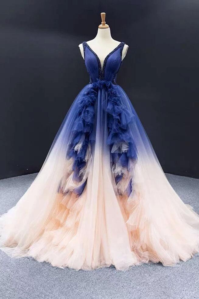 Ball Gown Ombre V Neck Tulle Royal Blue Long Prom Dresses, Quinceanera Dresses P1331