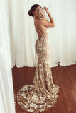 Sexy Mermaid V-Neck Lace Appliques Long Prom Dress Spaghetti Straps Formal Dress P1359