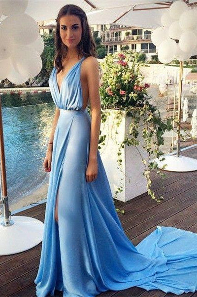 A Line V-Neck Long Blue Chiffon Sexy Backless Prom Dress