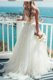 Sweep Train Spaghetti Straps Ivory Sweetheart Backless Beach Wedding Dresses PM360