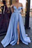 Cheap Simple A Line Blue V Neck Off the Shoulder Satin Long High Slit Prom Dresses uk PW59