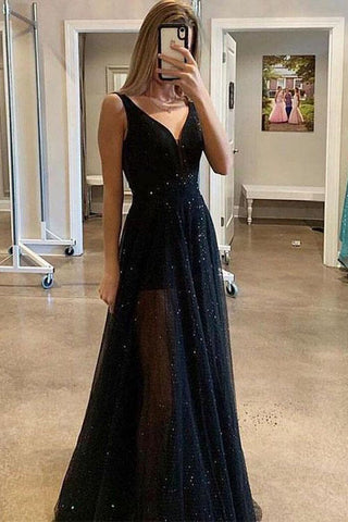 Sparkly Sequins A Line Black V-Neck Tulle Prom Dress Long Evening Dress P1549