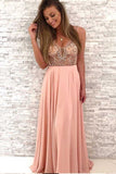 Gorgeous Beaded Pink Chiffon Long V-Neck Spaghetti Straps Evening Prom Dresses uk PW62