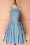 A Line Blue Halter Sleeveless Short Satin Knee Length Homecoming Dress PH601