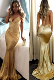 Elegant Mermaid Short Train Spaghetti Straps Long Sexy Gold V Neck Prom Dresses PH635