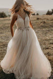 Spaghetti Straps Tulle Deep V-Neck Wedding Dresses, Romantic Bohemian Beach Bridal Dress W1175