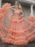 Gorgeous Ball Gown Spaghetti Straps Tulle Ruffles V-Neck Prom Dress with Sequins P1401