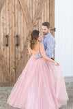 A Line Spaghetti Straps V Neck Rose Pink Tulle Prom Dresses Beaded Bodice Formal Dress P1357