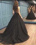 Sexy Ball Gown High Neck Black Tulle V-Neck Sequins Prom Dress P1435