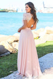 Blush Pink Sweetheart Maxi Dress Open Back Lace Sleeve Beach Wedding Guest Dress BD1043