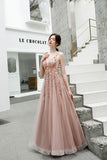 A Line V Neck Pink Beads Straps Prom Dresses Lace up, Long Dance Dresses P1454