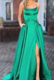 Elegant A Line Green Lace up Prom Dresses with Pockets Slit Formal Evening Dress P1482