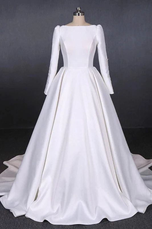 Ball Gown Long Sleeve White Satin Wedding Dresses, Long Simple Wedding Gowns W1152