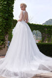 New Style A Line Scoop Neck Tulle Appliques Lace Court Train Backless Wedding Dresses PM633