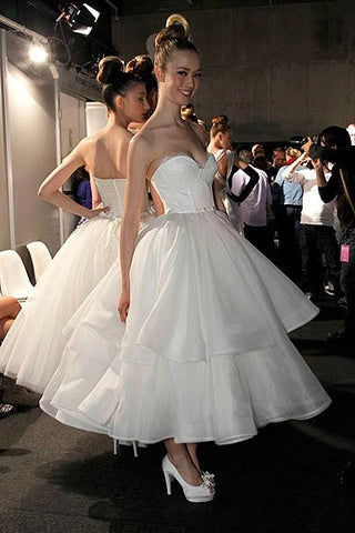 A Line Strapless Sweetheart Organza Tea Length Wedding Dresses, Prom Dresses W1213