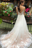 Tulle V-Neck Embroidery Long Spaghetti Straps Wedding Dress Bridal Dress W1183