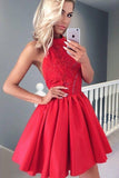 Cute A Line Round Neck Open Back Satin Red Short Homecoming Dresses uk with Lace PH948