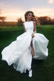 Elegant A-line Bateau Ivory Sleeveless Satin Prom Dress,Simple Wedding Dress PH443