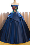 Dark Blue Ball Gown Satin Strapless Lace up Appliques Long Prom Quinceanera Dress PH602