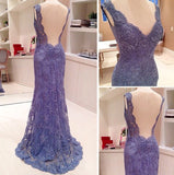 Mermaid V-Neck Sleeveless Open Back Blue Lace Evening Dress