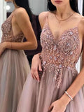 Gorgeous A-Line Spaghetti Straps V Neck Blush Tulle Prom Dresses, Cheap Evening Dresses P1213