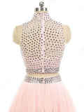 High Neck Pink Tulle Sweep Train Beading Two Pieces Long Prom Dress PW82