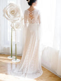 Unique V-Neck Lace-up Mermaid Back Bridal Dress Ivory Lace Trumpet Sleeve Wedding Dress W1161