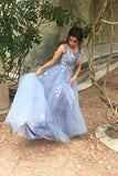 Unique Blue Tulle Appliques Beading Prom Dress Charming Formal Dress P1347