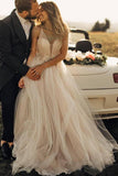 Spaghetti Straps Tulle Deep V-Neck Wedding Dress Romantic Bohemian Beach Bridal Dress W1175