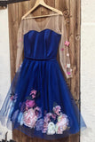 Unique Long Sleeve Blue Short Prom Dresses With 3D Appliques, Homecoming Dress P1351