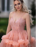 Gorgeous Ball Gown Spaghetti Straps Tulle Ruffles V-Neck Prom Dress with Sequins P1401