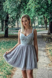 A Line Sweetheart Strapless Straps Tulle Beaded Grey Short Homecoming Dresses with Appliques PH950